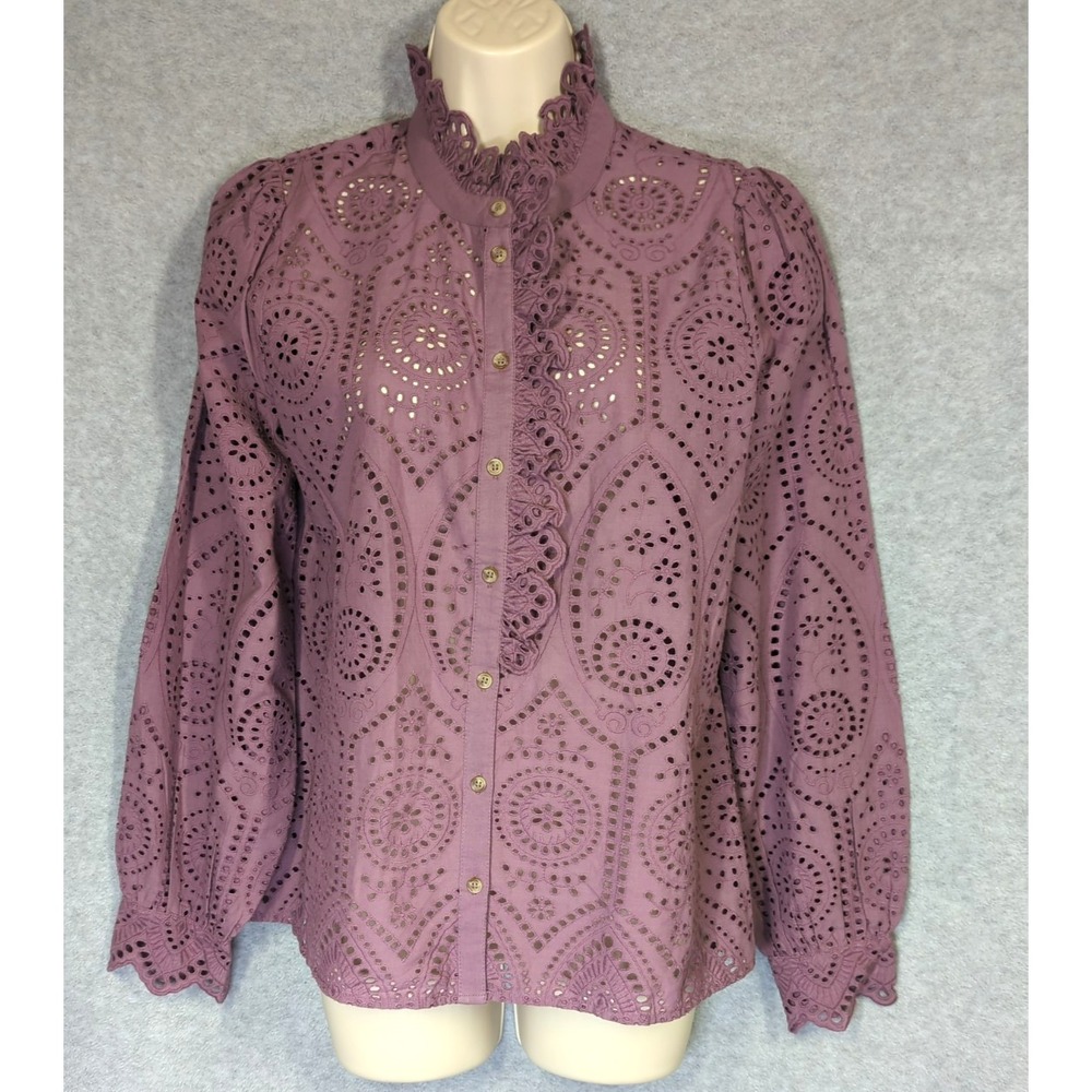 SEZANE CHLO Shirt Blouse US 8 FR 40 Wisteria Purple Eyelet Lace Ruffle Collar